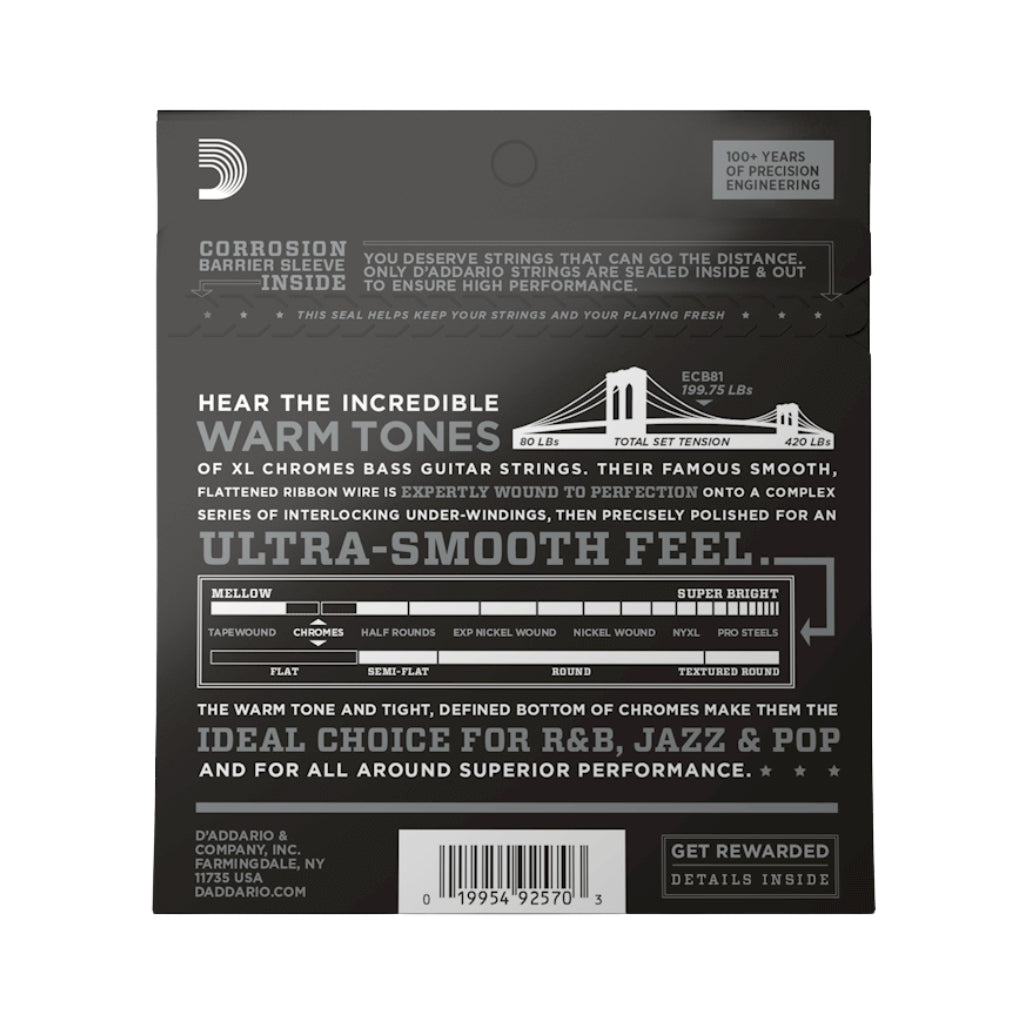 D'Addario - XL Chromes Flatwound Bass Guitar Strings -.045-.100 Regular Light, Long Scale