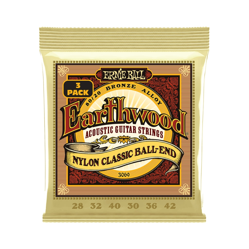 Ernie Ball Earthwood Folk Nylon Clear and Gold Classic Ball End 8020 Bronze 28-42 Acoustic Guitar Strings - 3 Pack