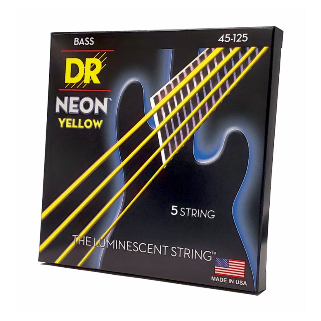 DR Strings - Hi-Def Neon Yellow K3 Coated 5-string Bass Guitar Strings - Medium 45-125