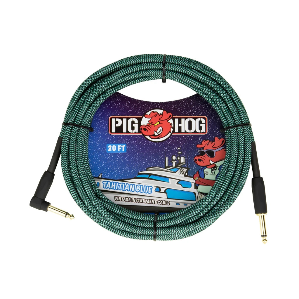 Pig Hog - Vintage Instrument Cable - Tahitian Blue, 20ft Right Angle to Straight