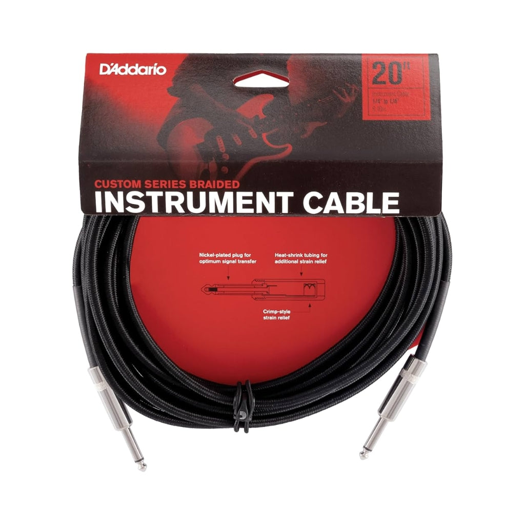 D'Addario PW-BG-20BK Braided Straight to Straight Instrument Cable - 20 foot, Black