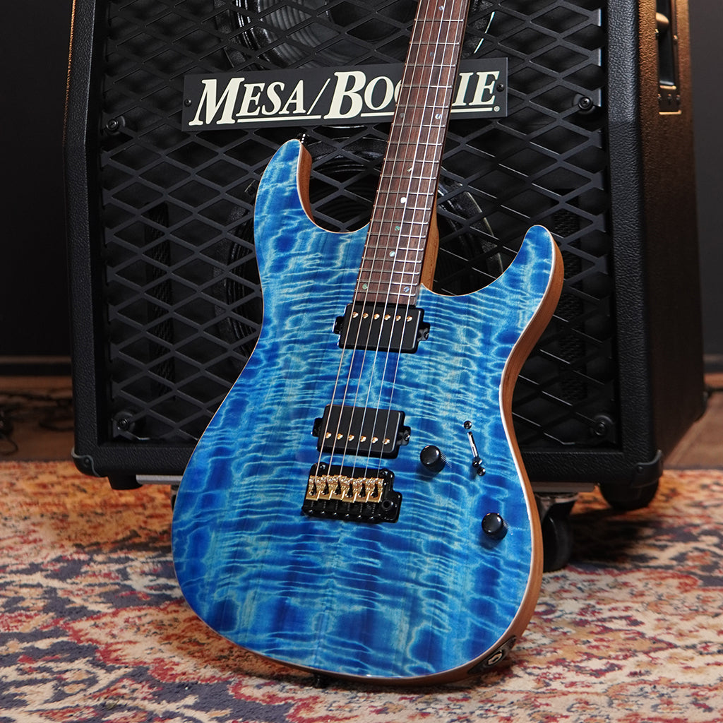 Mayones Aquila Elite V24 6 Curly Poplar Top Electric Guitar - Trans Light Blue Spirit sky music