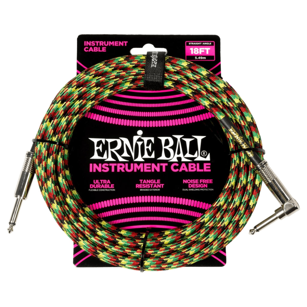 Ernie Ball - Braided Instrument Cable - 1/4-inch TS to 1/4-inch TS Angled, 18 feet, Good Vibrations