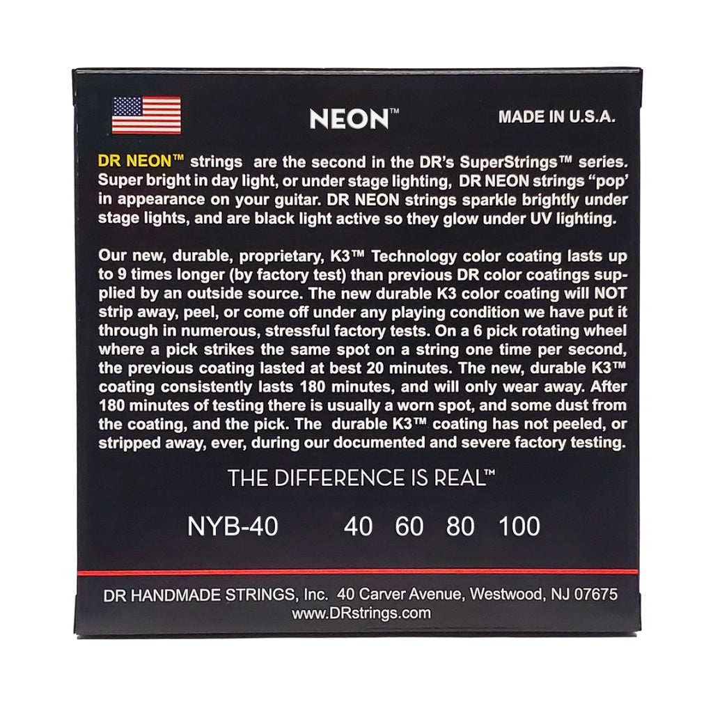DR Strings - Hi-Def Neon Yellow K3 Coated Bass Guitar Strings - Light 40-100