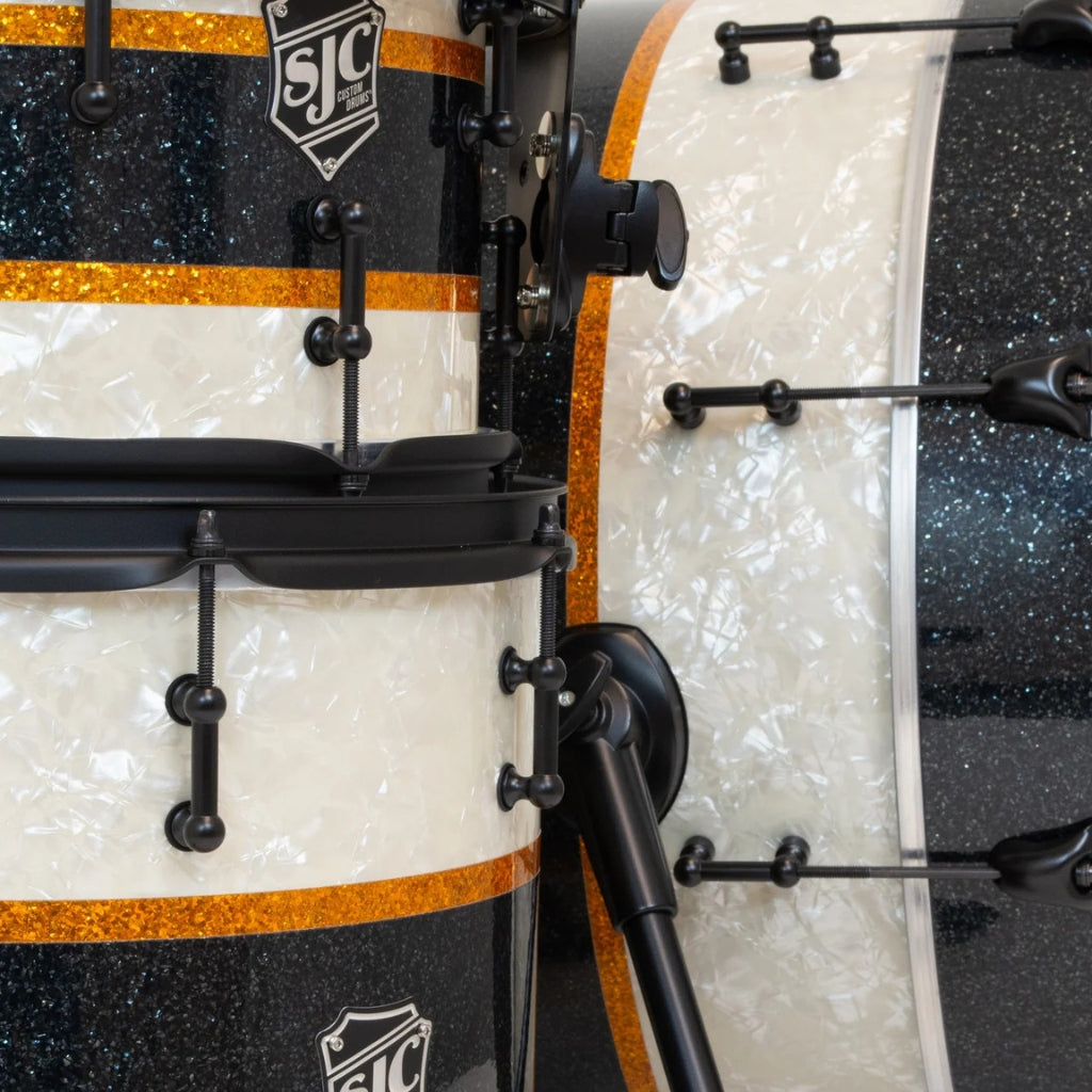 SJC Custom Drums - 'Rule Of Thirds' 4 Piece Shell Pack - Aged White Pearl & Black/Gold Glitter stripes