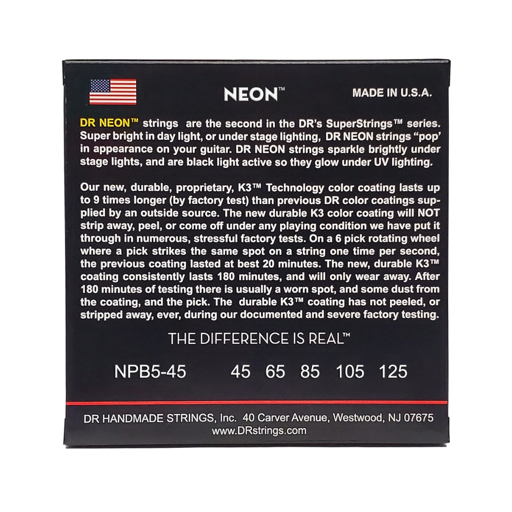 DR Strings - Hi-Def Neon Purple K3 Coated 5-string Bass Guitar Strings - Medium 45-125