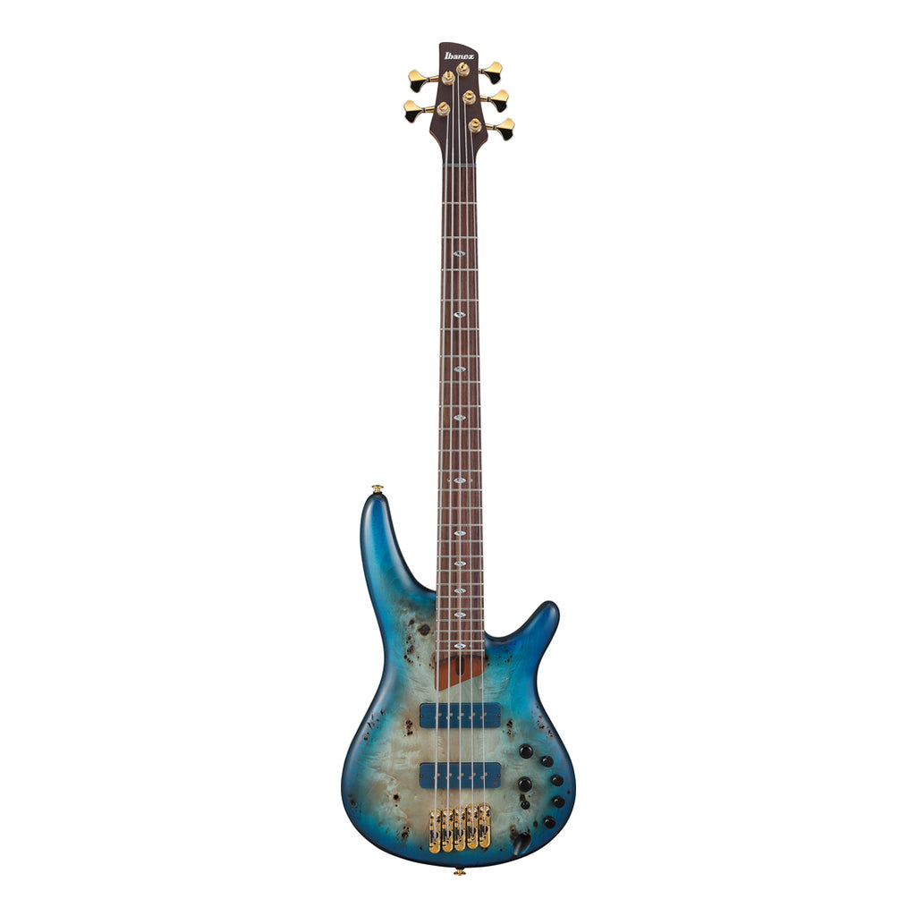 Ibanez SR6605 5 String Bass Mappa Burl Top with Rosewood Fretboard and Case Ghost Fleet Blue Burst