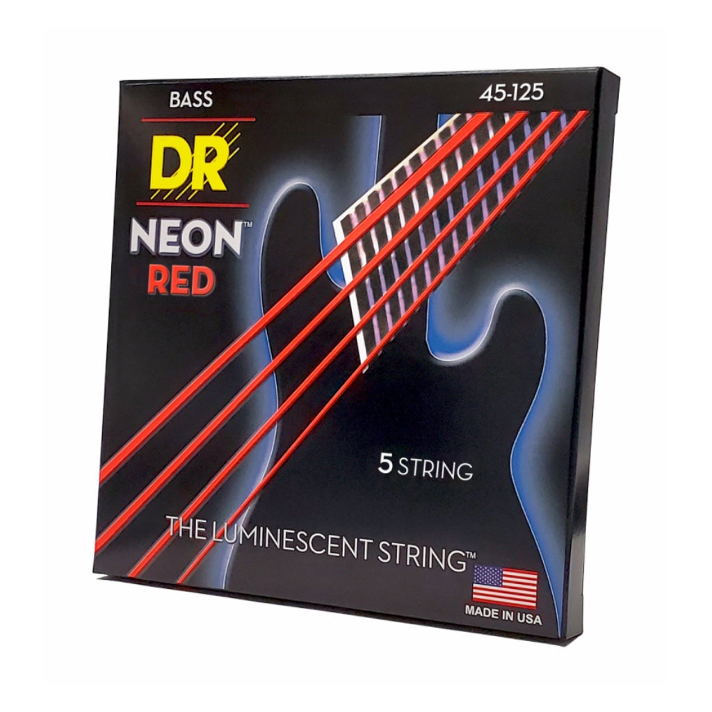 DR Strings - Hi-Def Neon Red K3 Coated 5-string Bass Guitar Strings - Medium 45-125