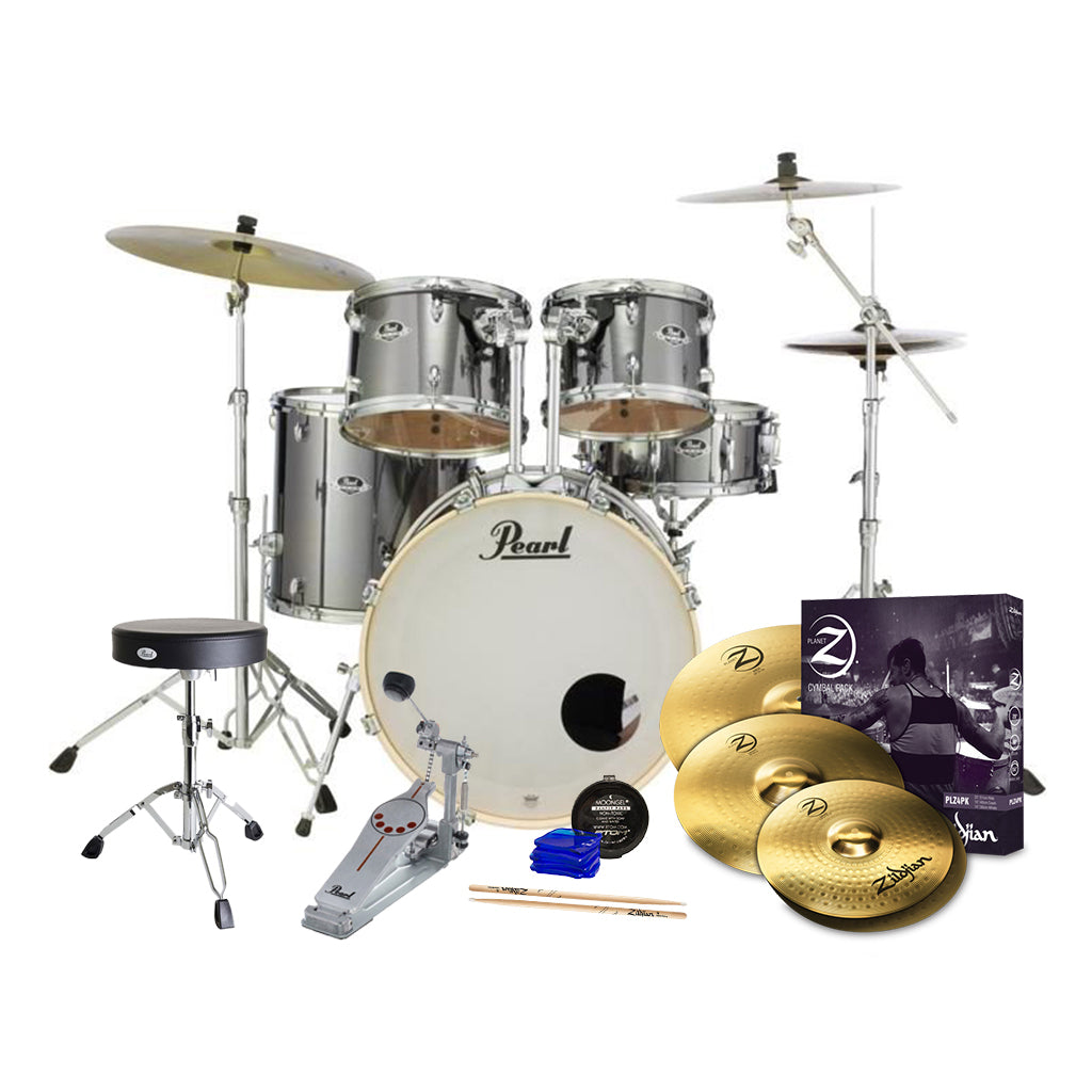 Pearl Export 22" EXX Fusion Plus Drum Kit Package w/Zildjian Cymbals &amp; Hardware - Smokey Chrome sky music