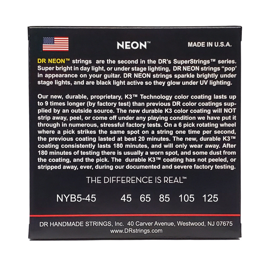 DR Strings - Hi-Def Neon Yellow K3 Coated 5-string Bass Guitar Strings - Medium 45-125