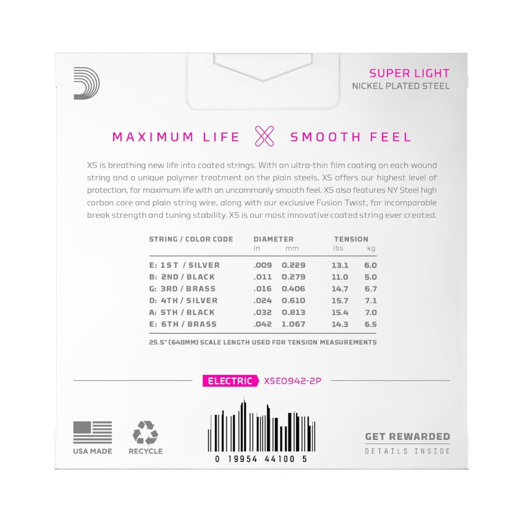 D'Addario - XS Nickel Electric Guitar Strings - .009-.042 Super Light, 2-pack