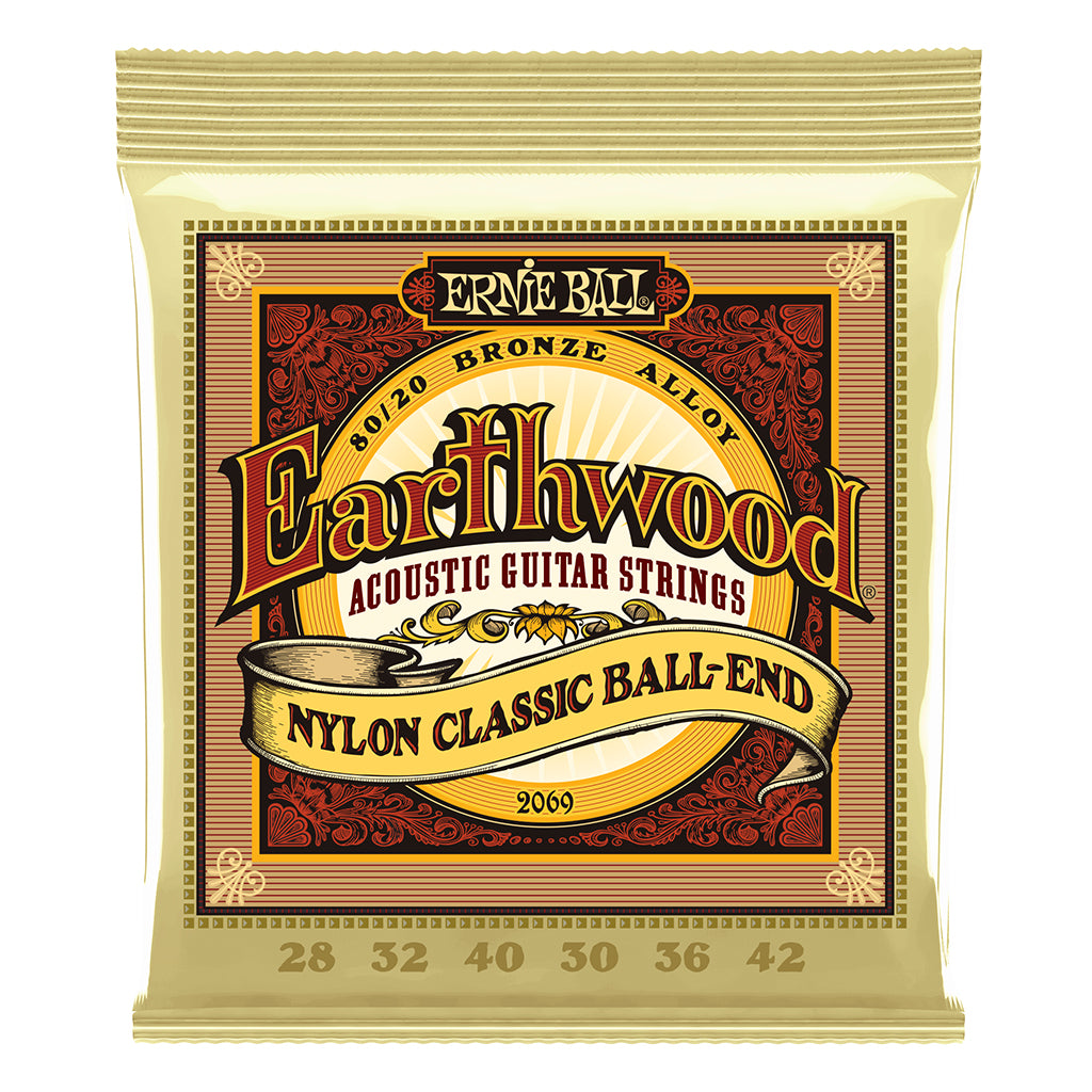 Ernie Ball Earthwood Folk Nylon, Clear & Gold Ball End, 80/20 Bronze Acoustic Guitar Strings 28-42 Gauge