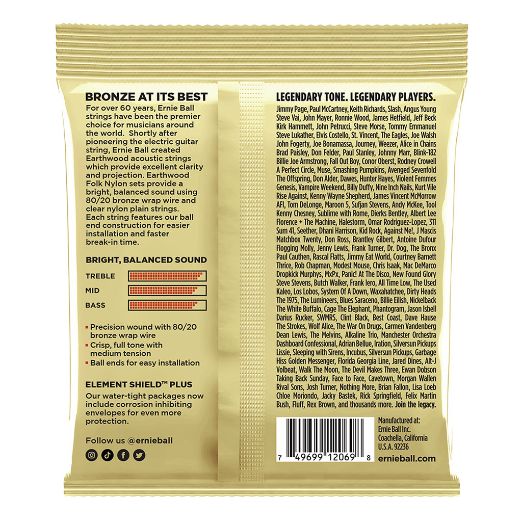 Ernie Ball Earthwood Folk Nylon, Clear & Gold Ball End, 80/20 Bronze Acoustic Guitar Strings 28-42 Gauge