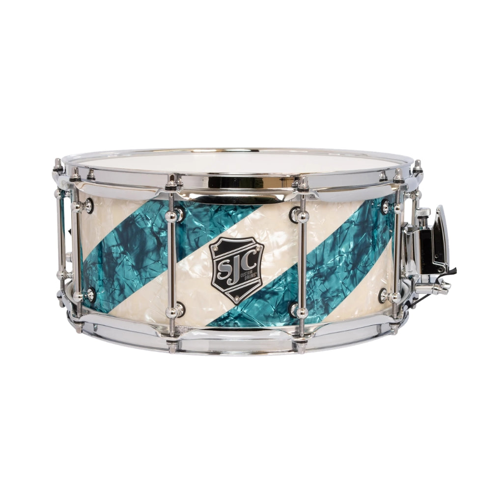 SJC Custom Drums USA - Custom Snare Drum 6 x 14-inch - Barbershop Aged White Pearl/Turquoise Pearl