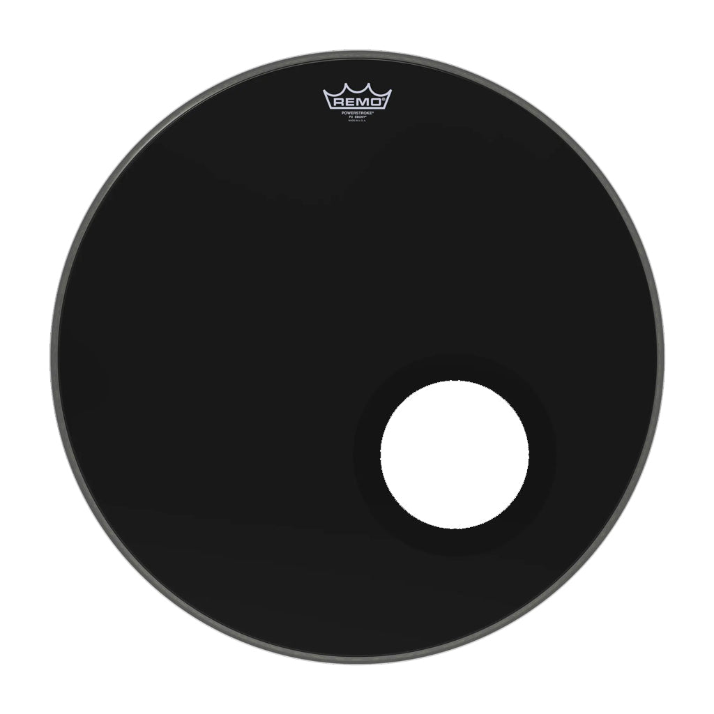 Remo 22" Powerstroke 3 Ebony with Pre Cut Hole and DynamO