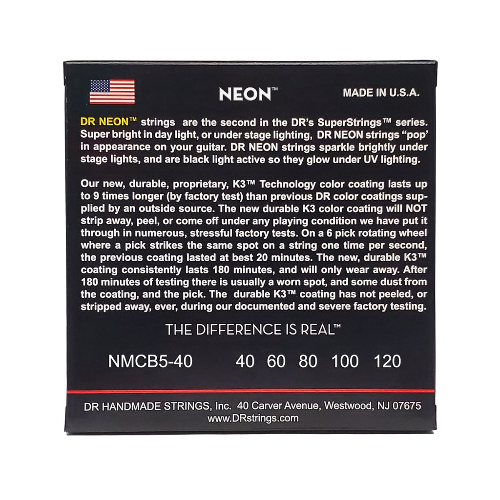 DR Strings - Hi-Def Neon Multi-Color K3 Coated 5-string Bass Guitar Strings - Light 40-120
