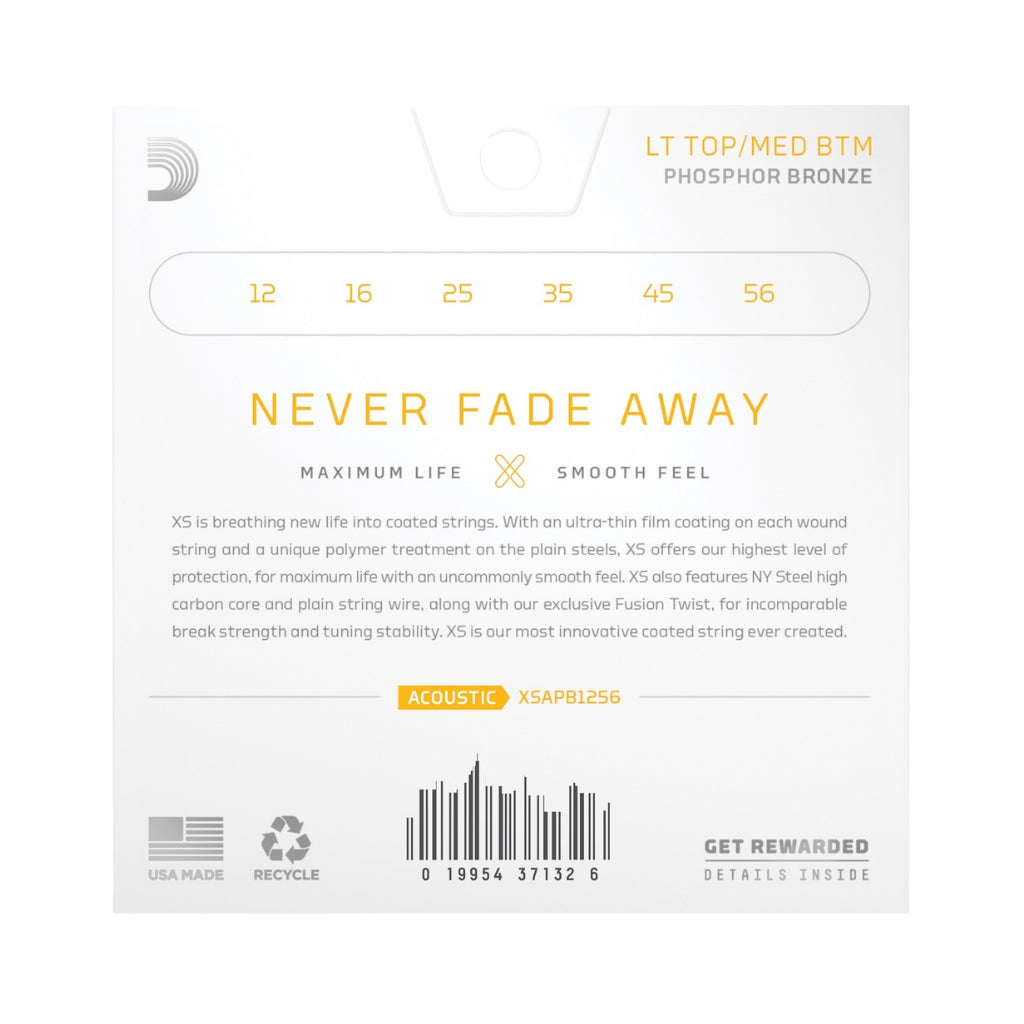 D'Addario - XSAPB1256 XS Phosphor Bronze Coated Acoustic Guitar Strings - .012-.056 Light Top/Medium Bottom