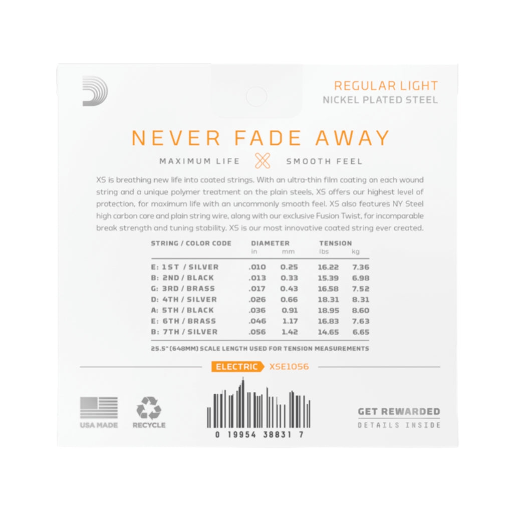 D'Addario - XSE1056 XS Nickel-plated Steel Coated Electric Guitar Strings - .010-.056 7-String Regular