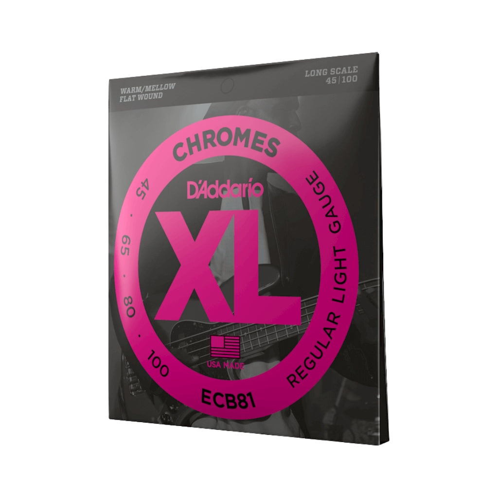 D'Addario - XL Chromes Flatwound Bass Guitar Strings -.045-.100 Regular Light, Long Scale