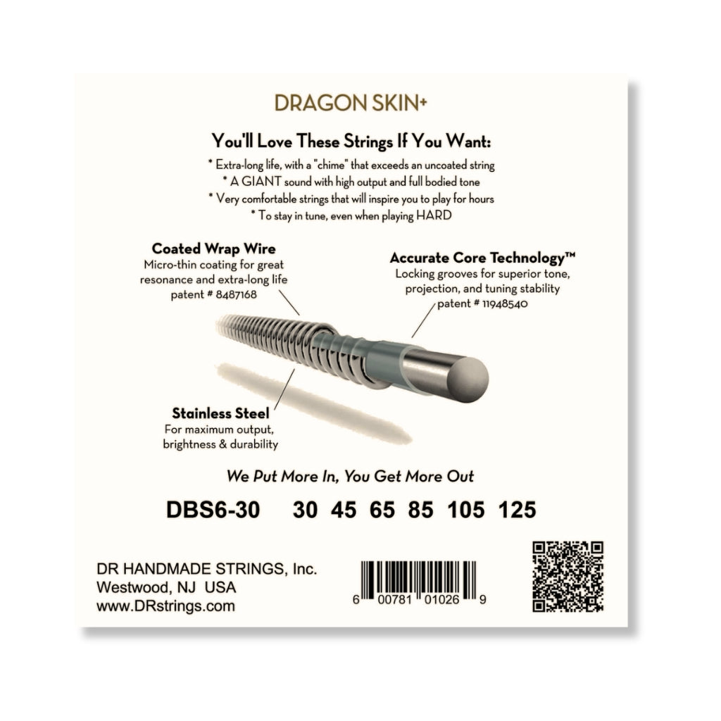 DR Strings - Dragon Skin+ Coated 6-string Bass Guitar Strings - Medium 30-125