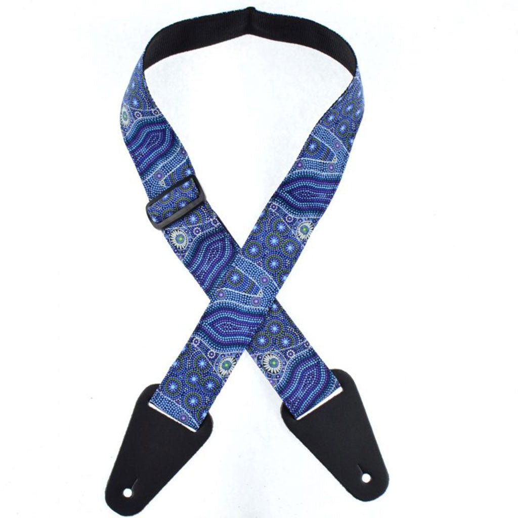 Colonial Leather Aboriginal Art Rag Strap - Bush Tomato &amp; Waterhole Blue Guitar Straps Sky Music