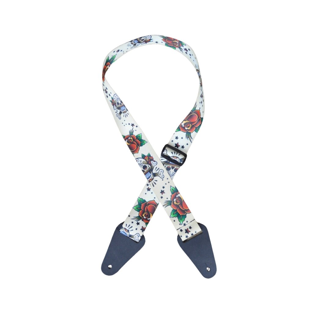 Colonial Leather White Skulls Printed Webbing Guitar Strap Guitar Straps Sky Music