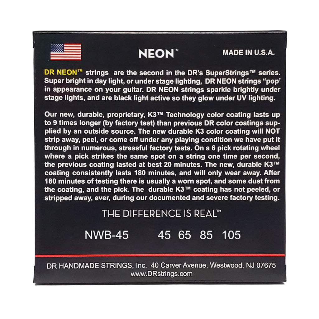 DR Strings - Hi-Def Neon White K3 Coated Bass Guitar Strings - Medium 45-105