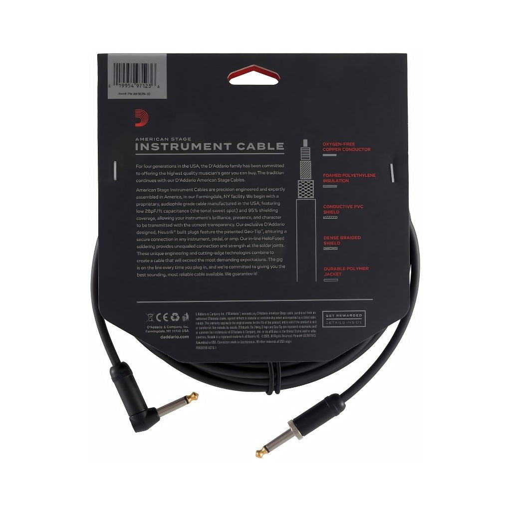 D'Addario American Stage Instrument Cable - 20ft Straight/Right Angle Instrument Cables Sky Music