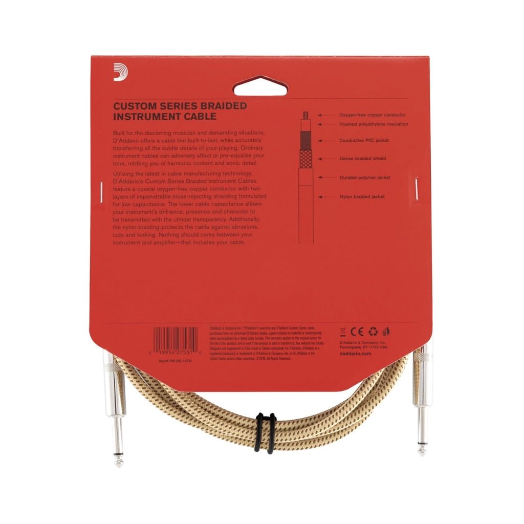 D'Addario Custom Series 10ft Braided Instrument Cable - Tweed Instrument Cables Sky Music