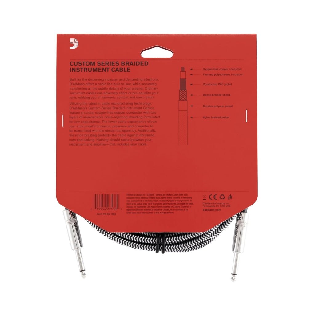 D'Addario Custom Series 15ft Braided Instrument Cable - Black & White Tweed Instrument Cables Sky Music