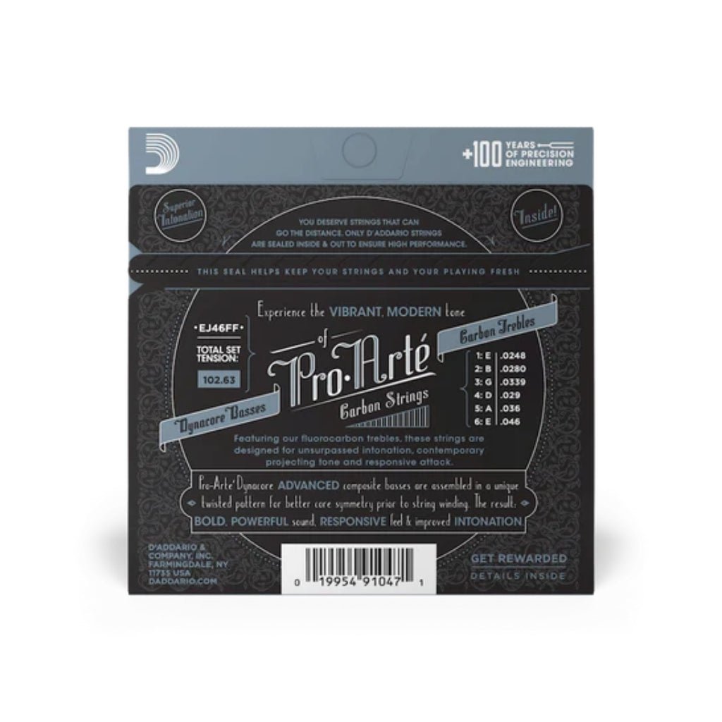 D'Addario EJ46F Pro-Arte Carbon Classical Guitar Strings - Hard Tension Fretted Instrument Strings Sky Music