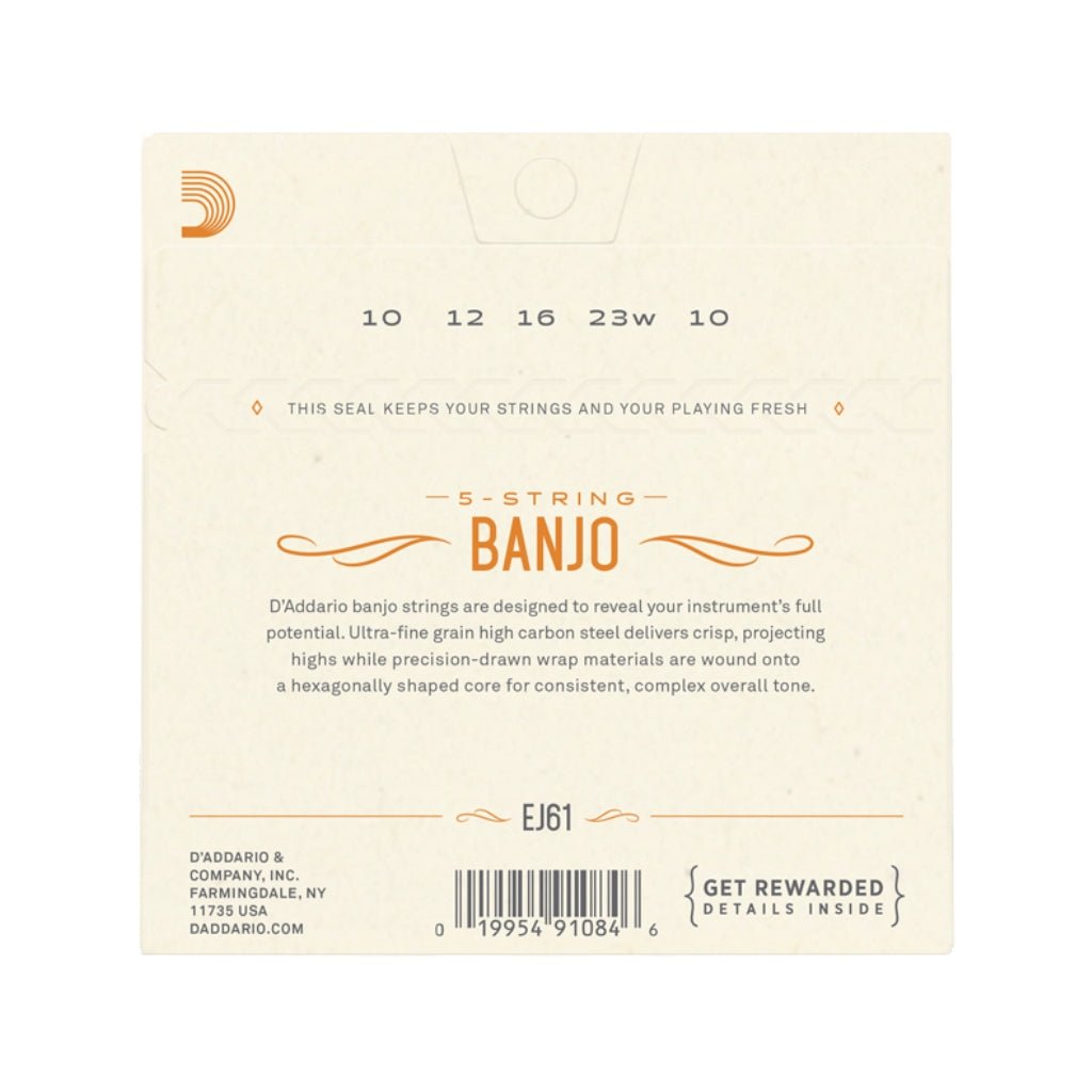 D'Addario EJ61 5-String Banjo Strings, Nickel, Medium 10-23 Fretted Instrument Strings Sky Music