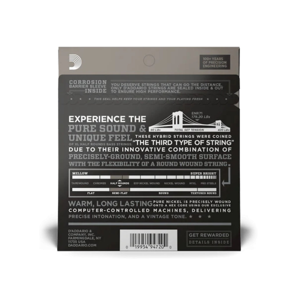 D'Addario ENR71 Semi-Flatwound Bass Guitar Strings - .045-.100 Regular Light Long Scale Fretted Instrument Strings Sky Music