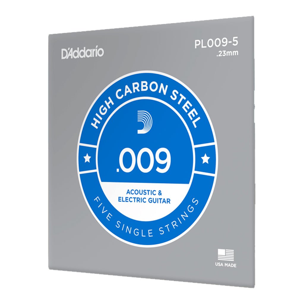 D'Addario - PL009 5 Pack - Single Plain Steel .009 String - Electric/Acoustic Guitar Strings Fretted Instrument Strings Sky Music