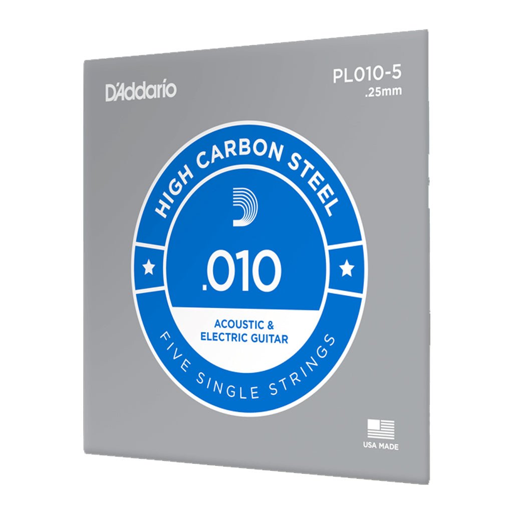 D'Addario - PL010 5 Pack - Single Plain Steel .010 String - Electric/Acoustic Guitar Strings Fretted Instrument Strings Sky Music