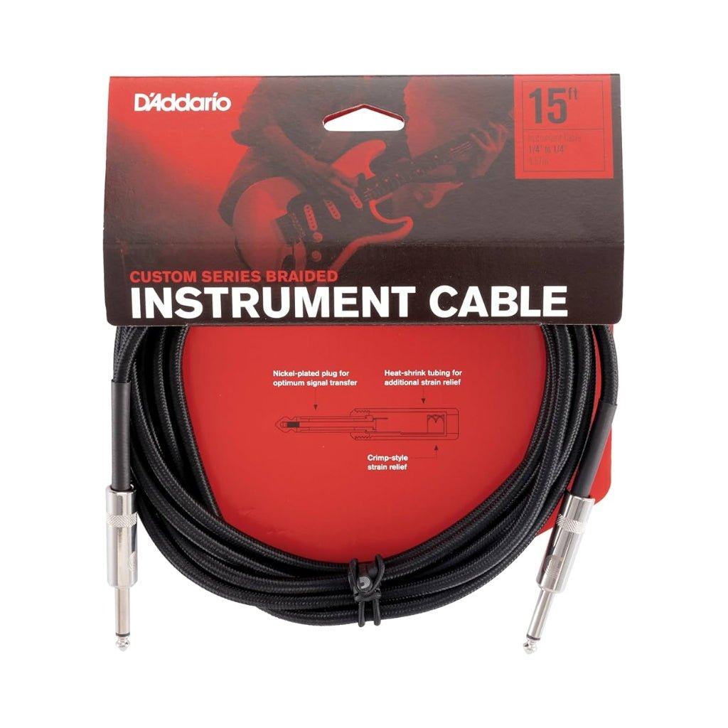 D'Addario PW-BG-15BK Braided Straight to Straight Instrument Cable - 15 foot, Black Instrument Cables Sky Music