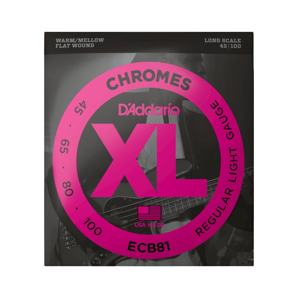 D'Addario XL Chromes Flatwound Bass Guitar Strings -.045-.100 Regular Light, Long Scale Bass Strings Sky Music