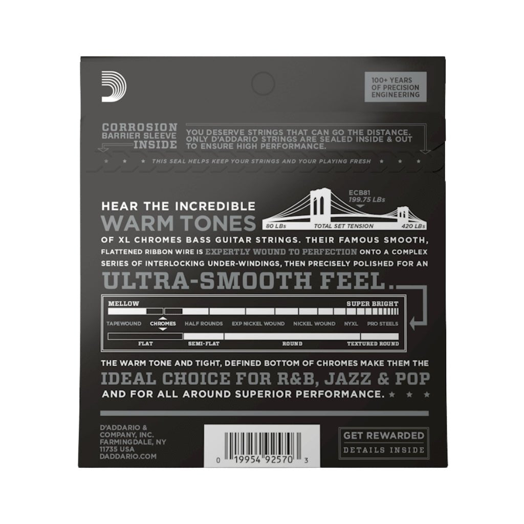 D'Addario XL Chromes Flatwound Bass Guitar Strings -.045-.100 Regular Light, Long Scale Bass Strings Sky Music