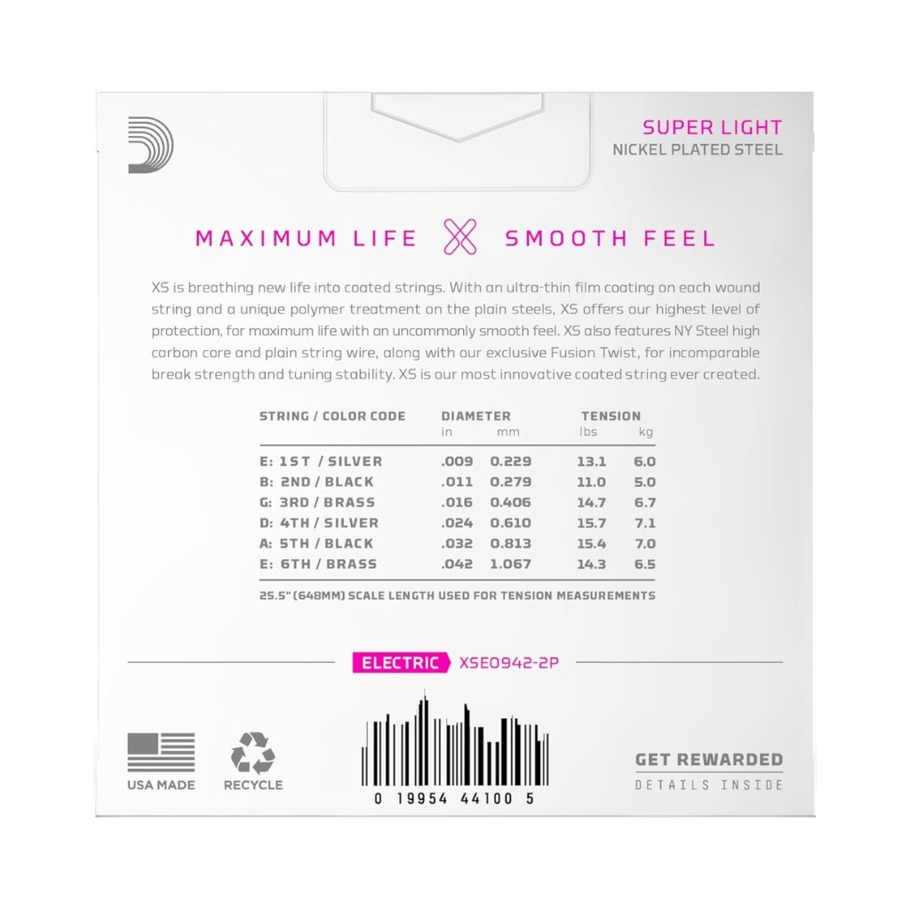 D'Addario XS Nickel Electric Guitar Strings - .009-.042 Super Light, 2-pack Fretted Instrument Strings Sky Music