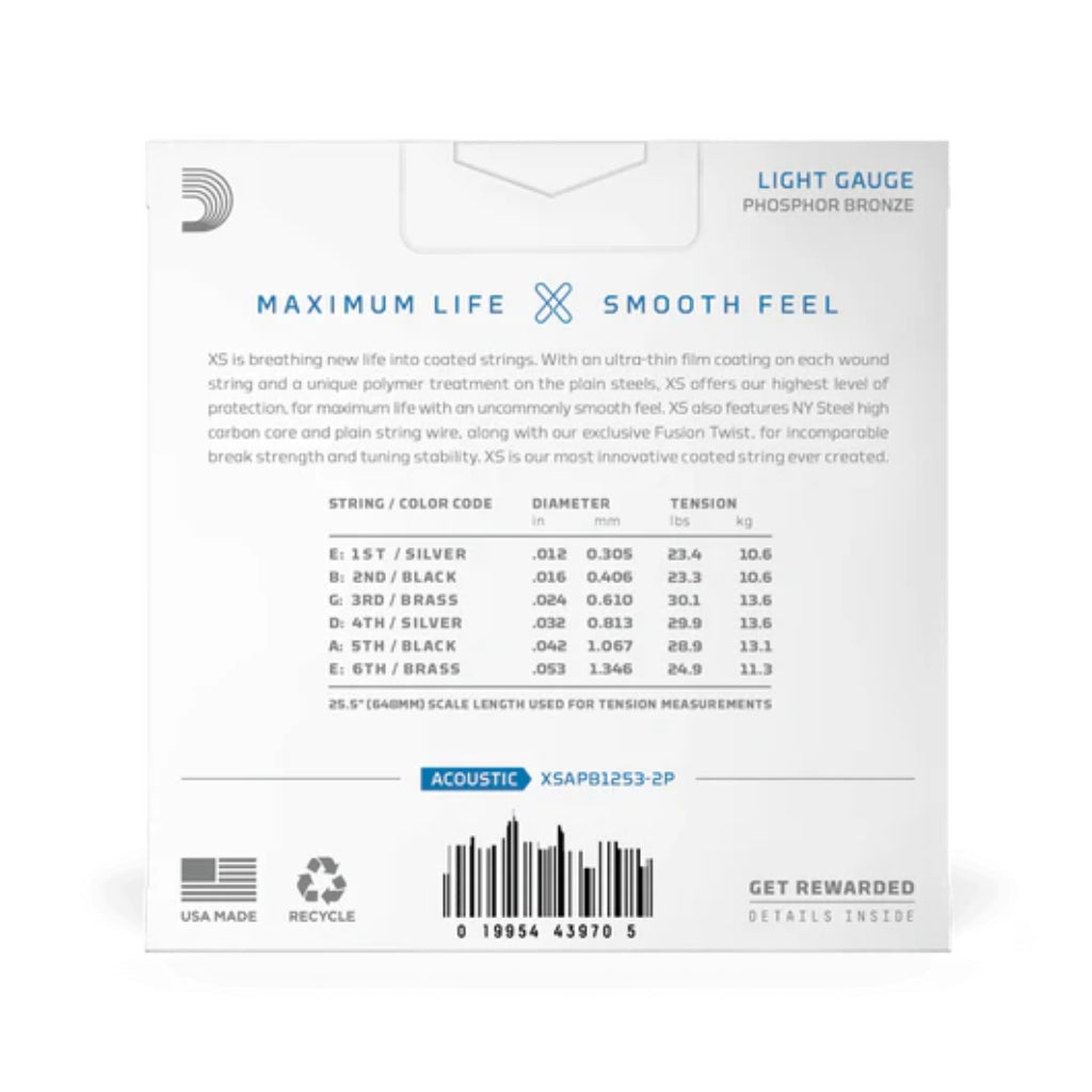 D'Addario XSAPB1253 XS Phosphor Bronze Acoustic Guitar Strings - .012-.053 Light, 2-pack Fretted Instrument Strings Sky Music