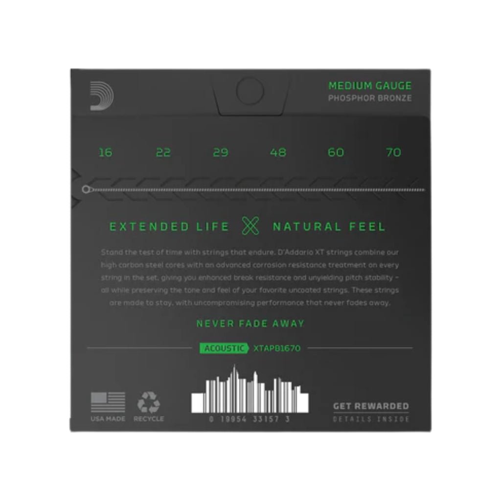 D'Addario XTAPB1670 XT Phosphor Bronze Coated Baritone Acoustic Guitar Strings - .016-.070 Medium Fretted Instrument Strings Sky Music