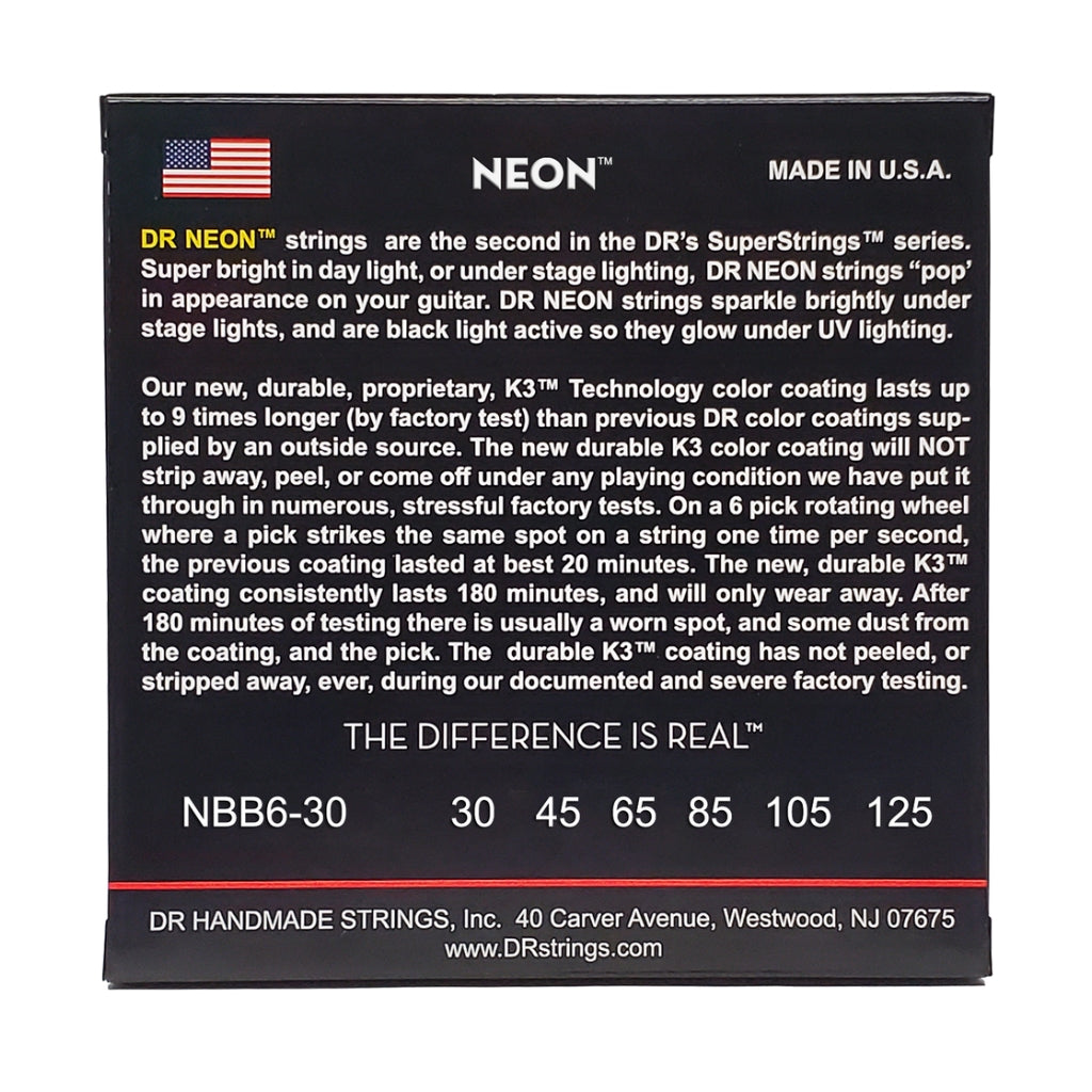 DR Strings - Hi-Def Neon Blue K3 Coated 6-string Bass Guitar Strings - Medium 30-125