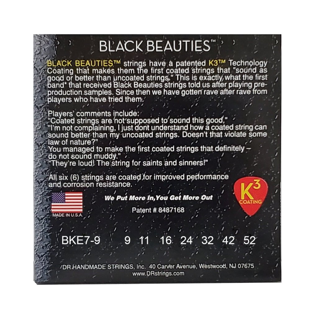 DR Black Beauties K3 Coated Electric Guitar Strings - 7-String Light 9-52 Guitar Strings Sky Music