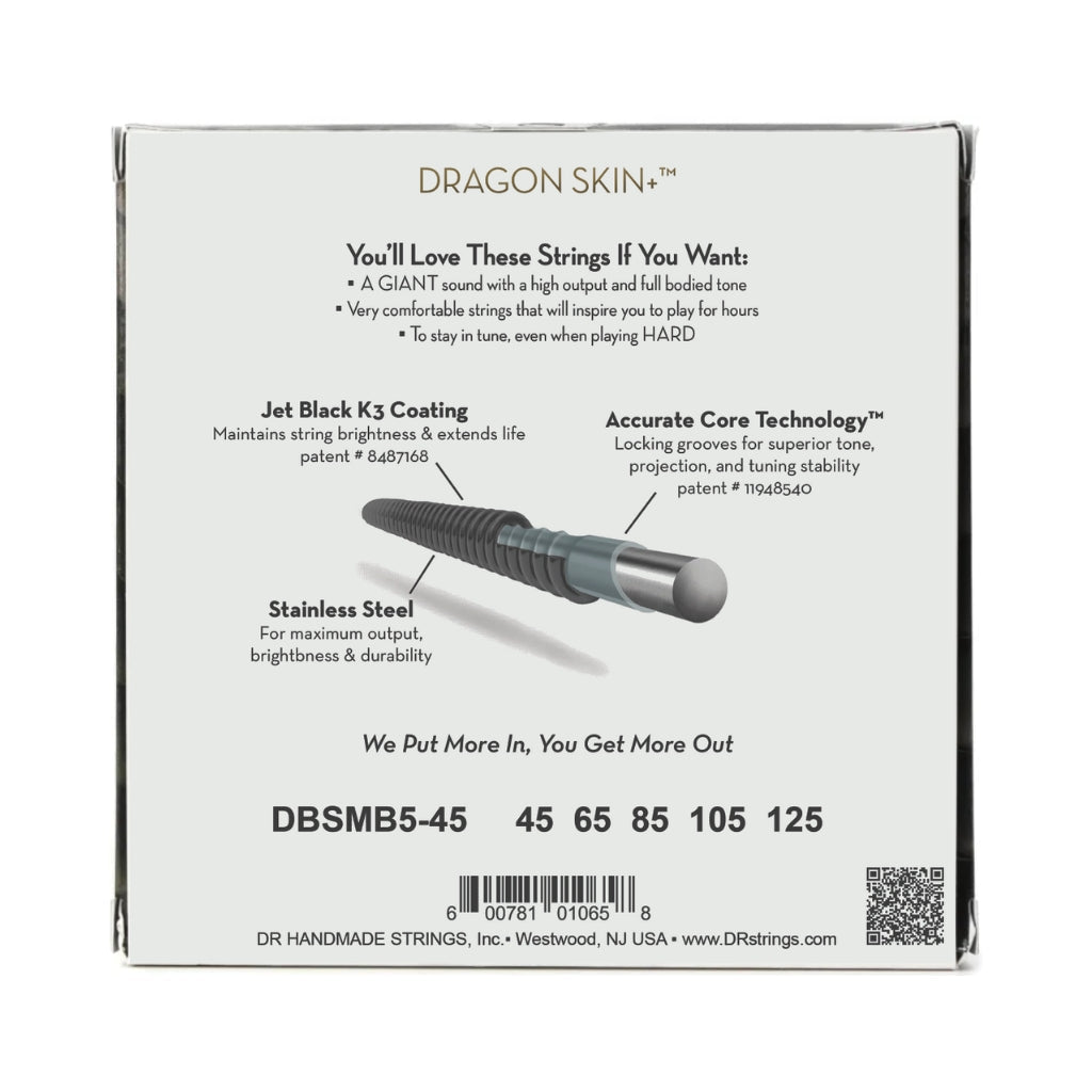 DR Black Dragon 5-String Bass Guitar Strings - .045-.105 Medium Multi Scale Bass Strings Sky Music