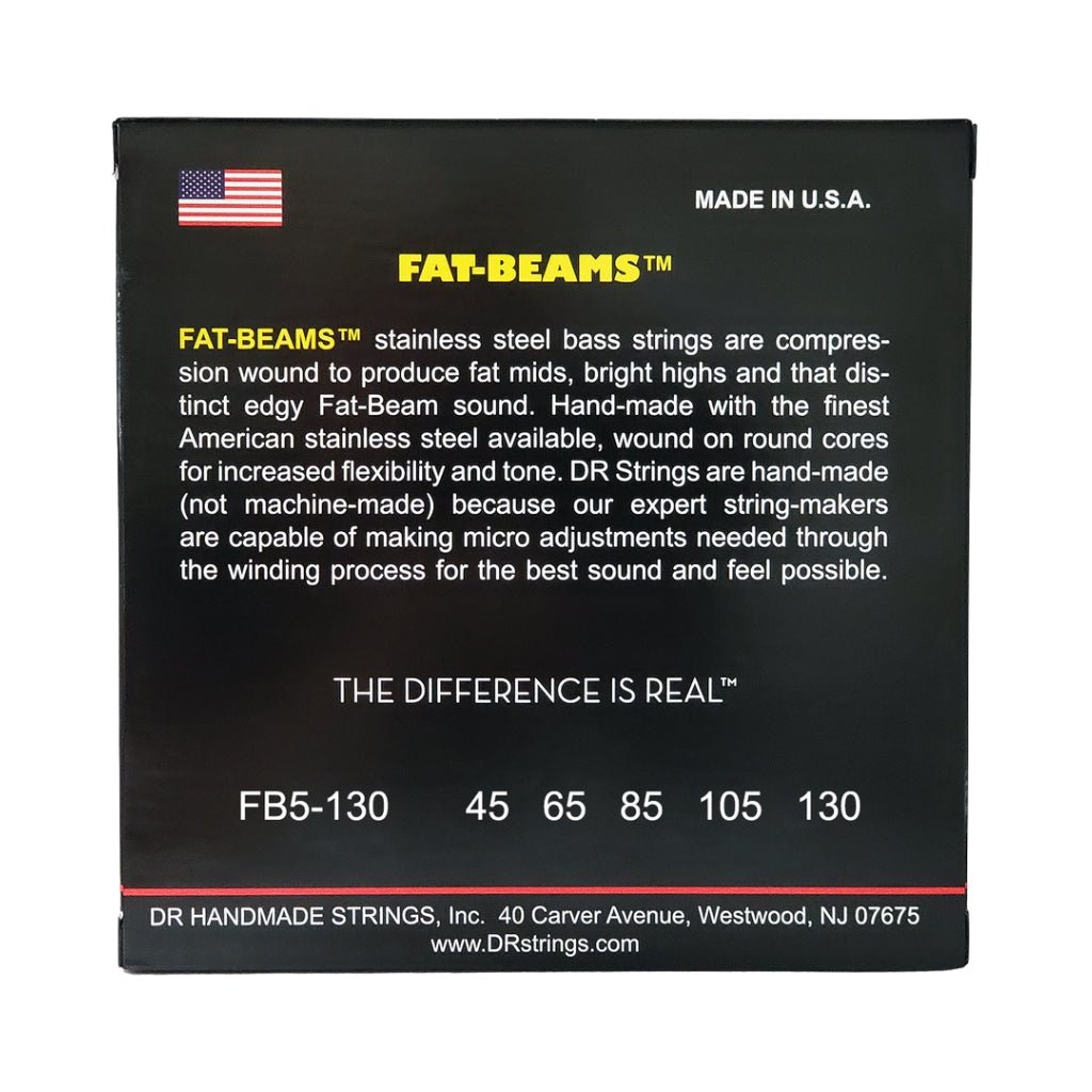 DR Fat-Beams Stainless Steel 5-string Bass Guitar Strings - Medium to Heavy 45-130 Bass Strings Sky Music