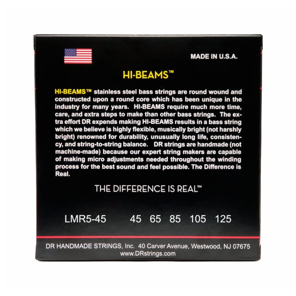 DR Hi-Beam Stainless Steel Bass Guitar Strings - 5-String Medium 45-125 Extra-Long Scale Guitar Strings Sky Music