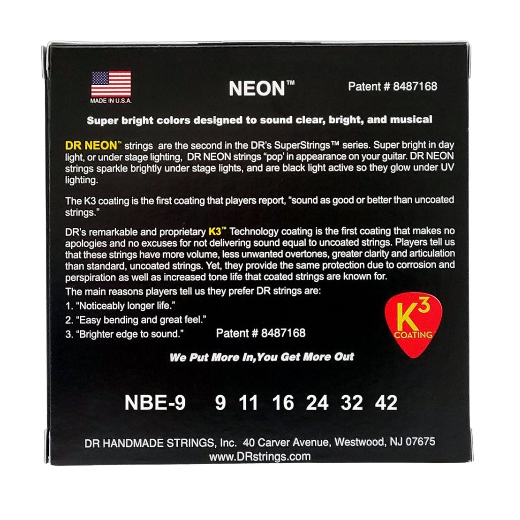 DR Hi-Def Neon Blue K3 Coated Electric Guitar Strings - Light 9-42 Guitar Strings Sky Music