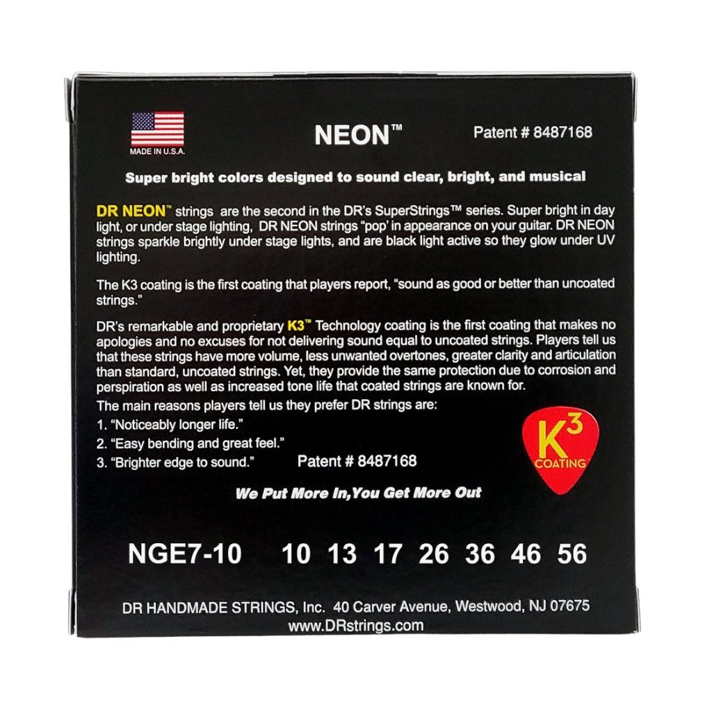 DR Hi-Def Neon Green K3 Coated Electric Guitar Strings - 7-String Medium 10-56 Guitar Strings Sky Music