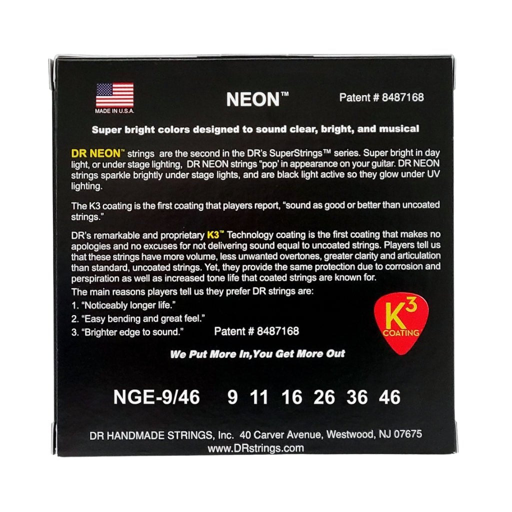 DR Hi-Def Neon Green K3 Coated Electric Guitar Strings - Light to Medium 9-46 Guitar Strings Sky Music