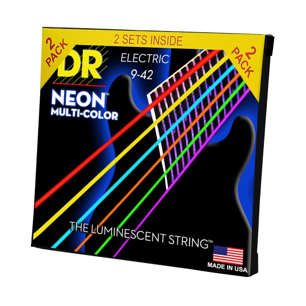 DR Hi-Def Neon Multi-Color K3 Coated Electric Guitar Strings - 2-Pack Light 9-42 Guitar Strings Sky Music